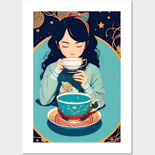 girl drinking tea Posters and Art